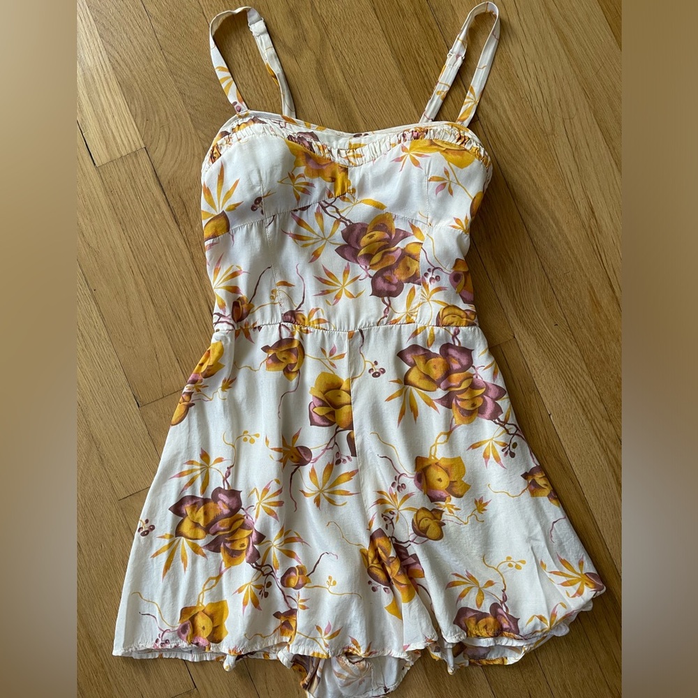 Floral Spaghetti-Strap Romper in White and Mustard